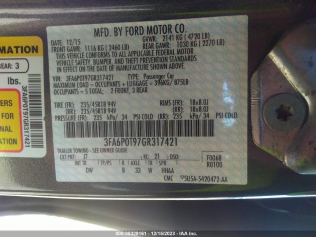 Photo 8 VIN: 3FA6P0T97GR317421 - FORD FUSION 