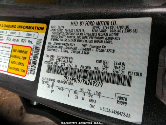 Photo 8 VIN: 3FA6P0T97KR269279 - FORD FUSION 