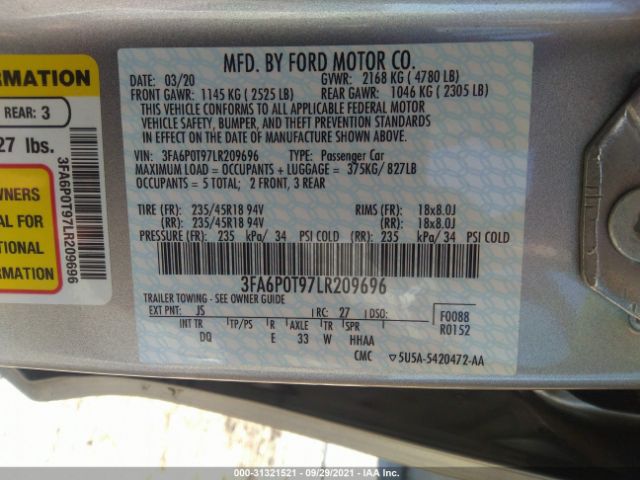 Photo 8 VIN: 3FA6P0T97LR209696 - FORD FUSION 