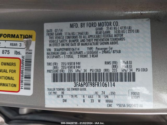 Photo 8 VIN: 3FA6P0T98FR106114 - FORD FUSION 