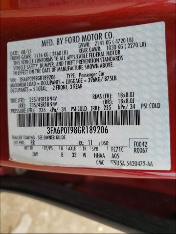 Photo 9 VIN: 3FA6P0T98GR189206 - FORD FUSION SE 