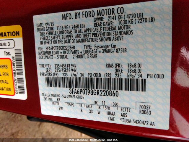 Photo 8 VIN: 3FA6P0T98GR220860 - FORD FUSION 