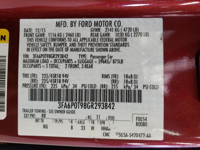 Photo 12 VIN: 3FA6P0T98GR293842 - FORD FUSION SE 