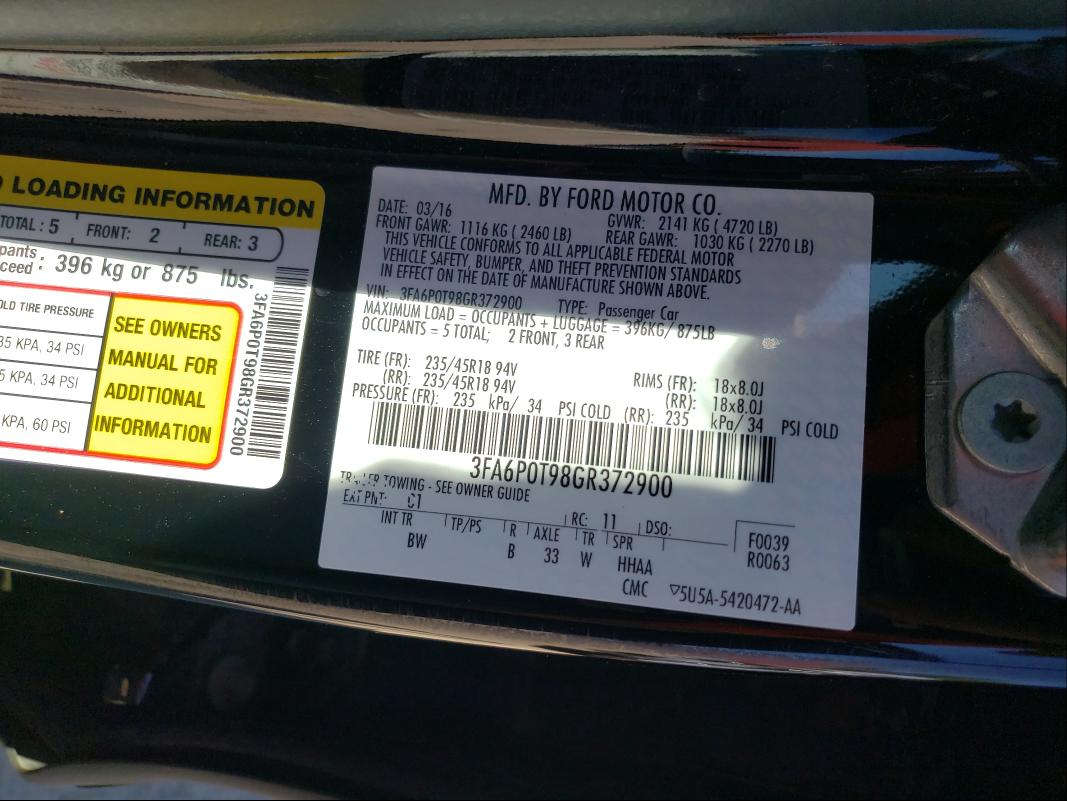 Photo 9 VIN: 3FA6P0T98GR372900 - FORD FUSION SE 