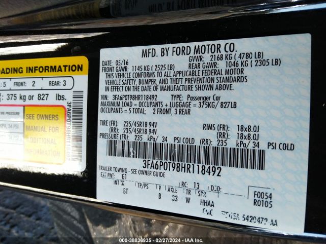 Photo 8 VIN: 3FA6P0T98HR118492 - FORD FUSION 