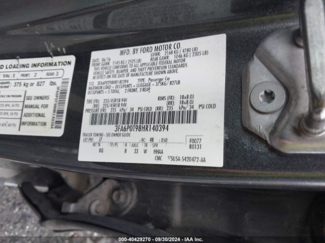 Photo 8 VIN: 3FA6P0T98HR140394 - FORD FUSION 