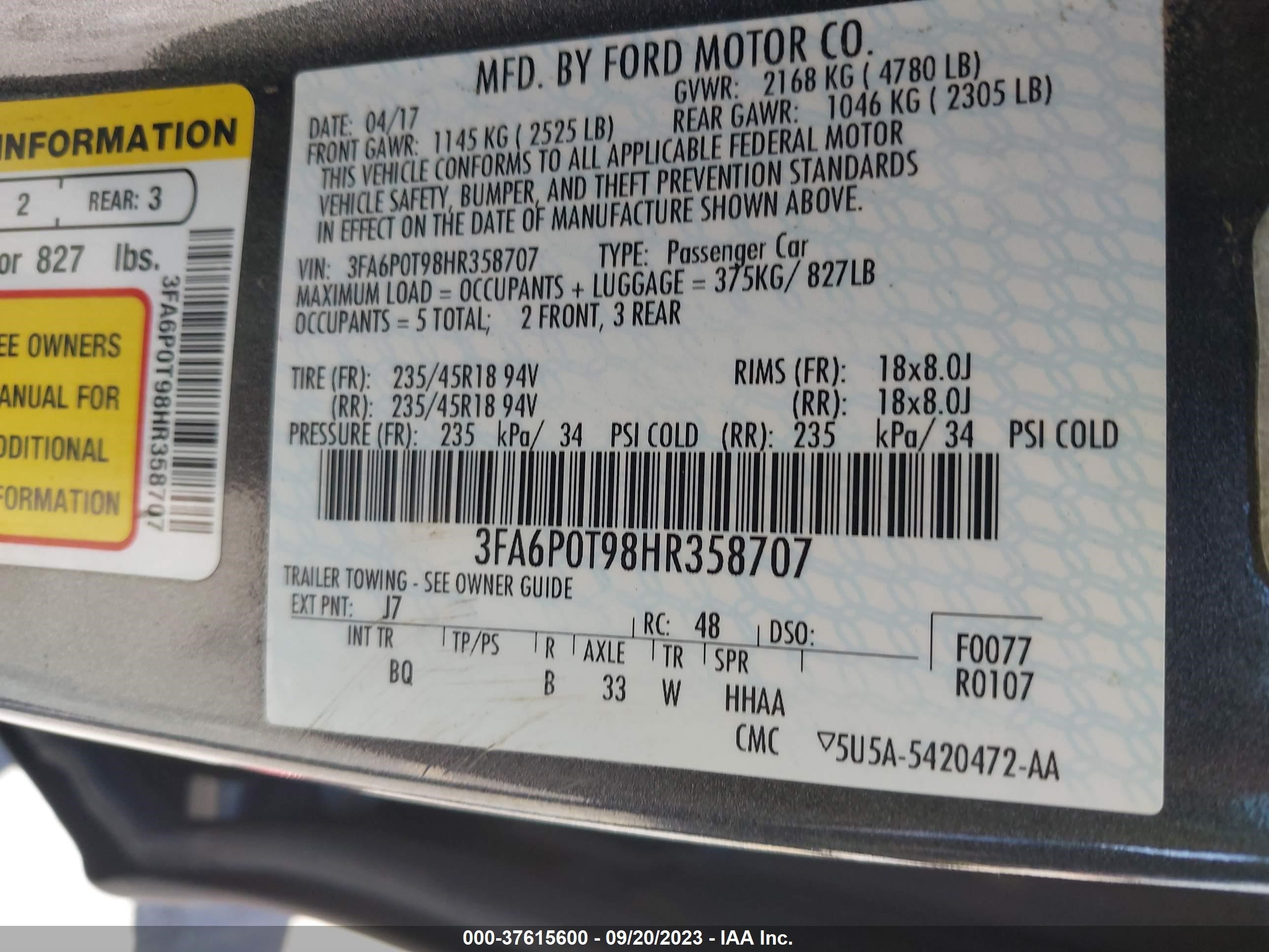 Photo 8 VIN: 3FA6P0T98HR358707 - FORD FUSION 