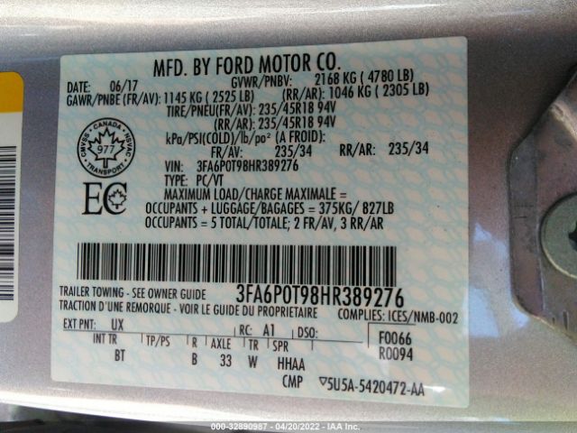 Photo 8 VIN: 3FA6P0T98HR389276 - FORD FUSION 