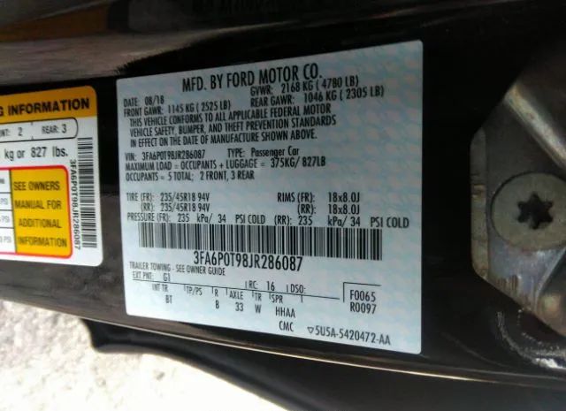 Photo 8 VIN: 3FA6P0T98JR286087 - FORD FUSION 