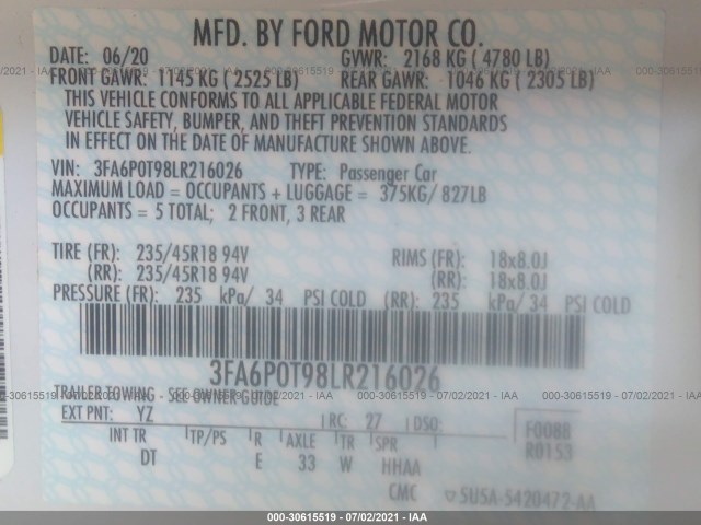 Photo 8 VIN: 3FA6P0T98LR216026 - FORD FUSION 