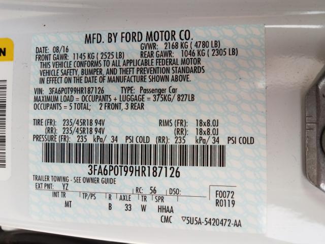 Photo 9 VIN: 3FA6P0T99HR187126 - FORD FUSION SE 