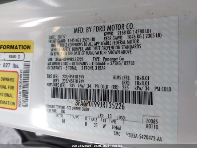 Photo 8 VIN: 3FA6P0T99JR135226 - FORD FUSION 