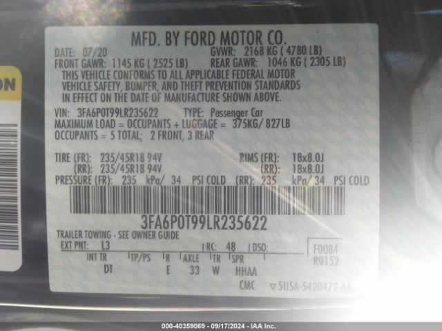 Photo 8 VIN: 3FA6P0T99LR235622 - FORD FUSION 