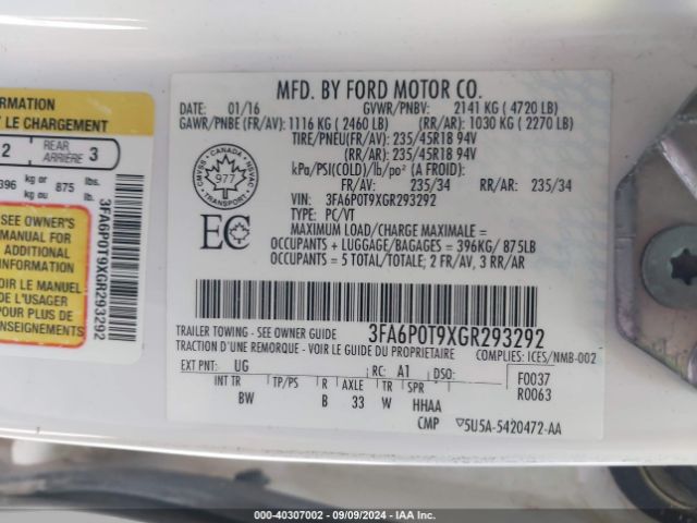 Photo 8 VIN: 3FA6P0T9XGR293292 - FORD FUSION 