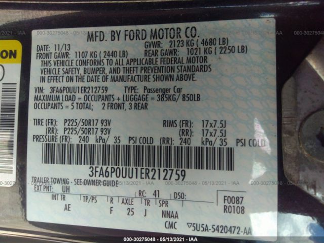 Photo 8 VIN: 3FA6P0UU1ER212759 - FORD FUSION 