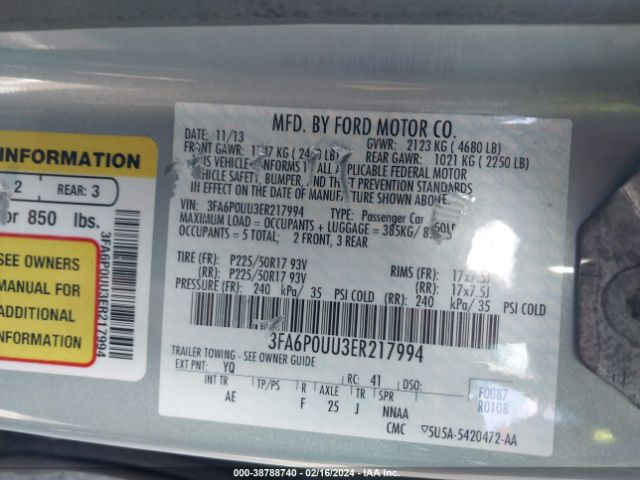 Photo 8 VIN: 3FA6P0UU3ER217994 - FORD FUSION HYBRID 