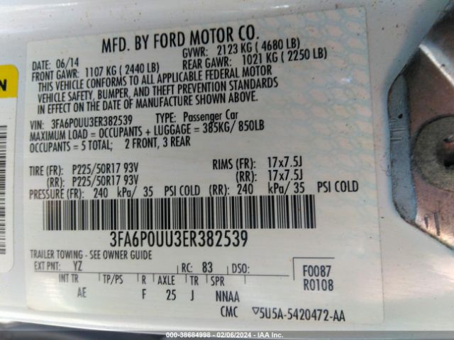 Photo 8 VIN: 3FA6P0UU3ER382539 - FORD FUSION HYBRID 