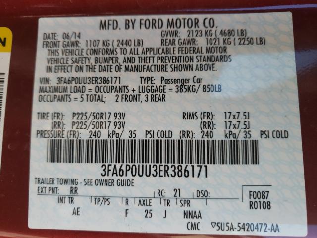 Photo 9 VIN: 3FA6P0UU3ER386171 - FORD FUSION 