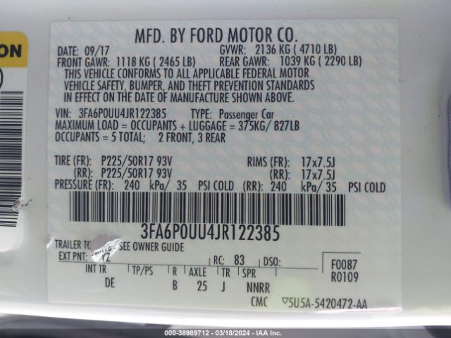 Photo 8 VIN: 3FA6P0UU4JR122385 - FORD FUSION HYBRID 