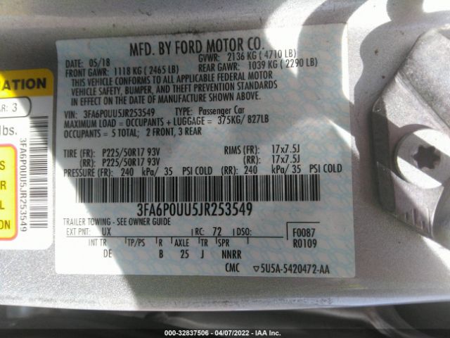 Photo 8 VIN: 3FA6P0UU5JR253549 - FORD FUSION HYBRID 