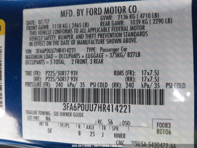 Photo 8 VIN: 3FA6P0UU7HR414221 - FORD FUSION HYBRID 