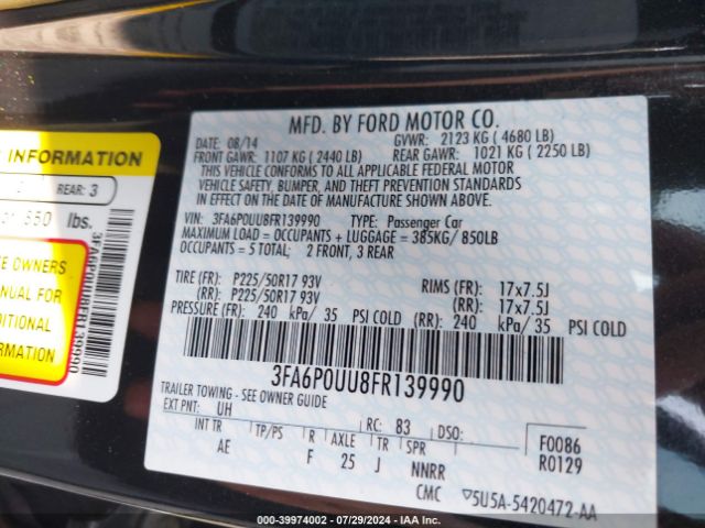 Photo 8 VIN: 3FA6P0UU8FR139990 - FORD FUSION 