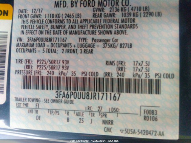 Photo 8 VIN: 3FA6P0UU8JR171167 - FORD FUSION HYBRID 