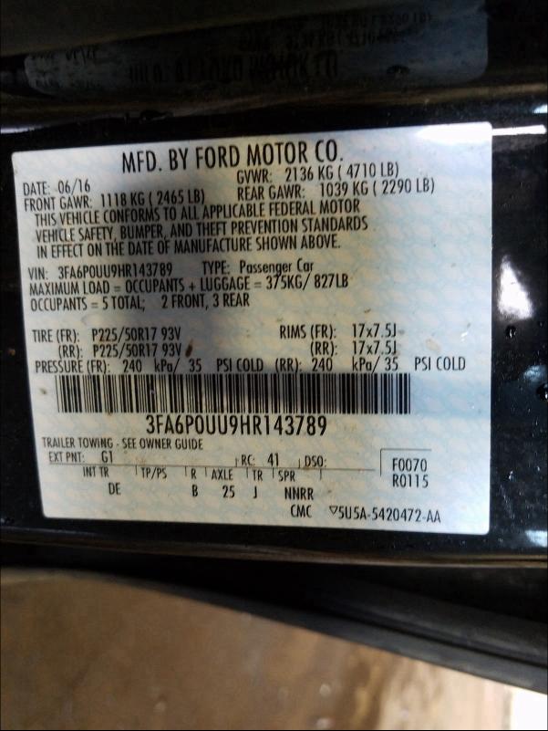 Photo 9 VIN: 3FA6P0UU9HR143789 - FORD FUSION S H 