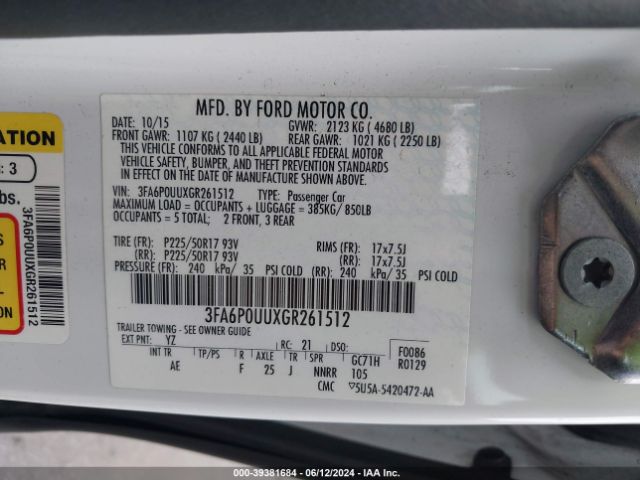 Photo 8 VIN: 3FA6P0UUXGR261512 - FORD FUSION 