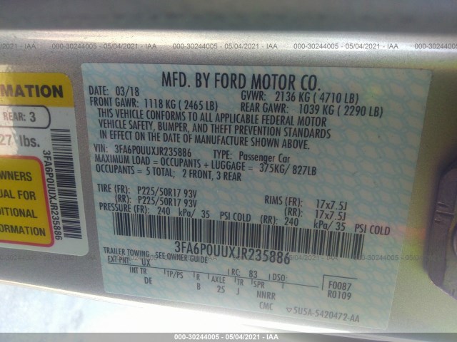 Photo 8 VIN: 3FA6P0UUXJR235886 - FORD FUSION HYBRID 