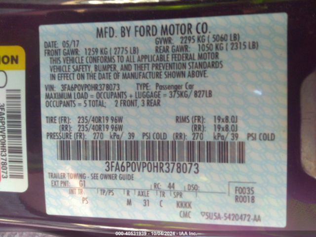 Photo 8 VIN: 3FA6P0VP0HR378073 - FORD FUSION 