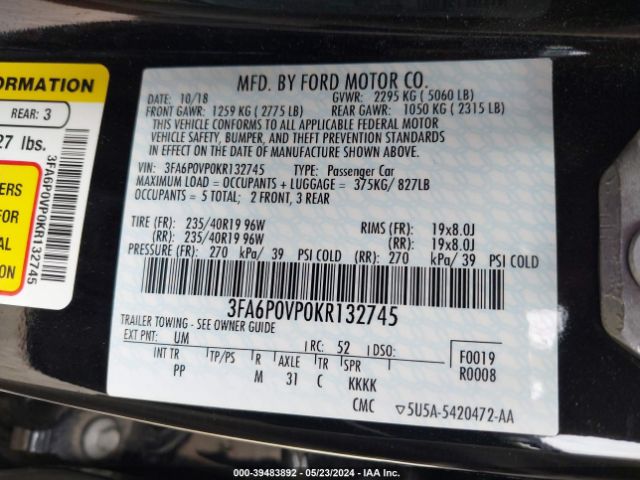 Photo 8 VIN: 3FA6P0VP0KR132745 - FORD FUSION 