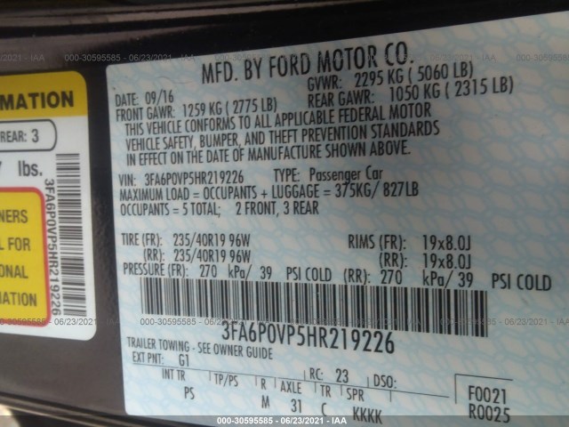 Photo 8 VIN: 3FA6P0VP5HR219226 - FORD FUSION 