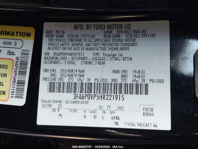 Photo 8 VIN: 3FA6P0VP5HR221915 - FORD FUSION 