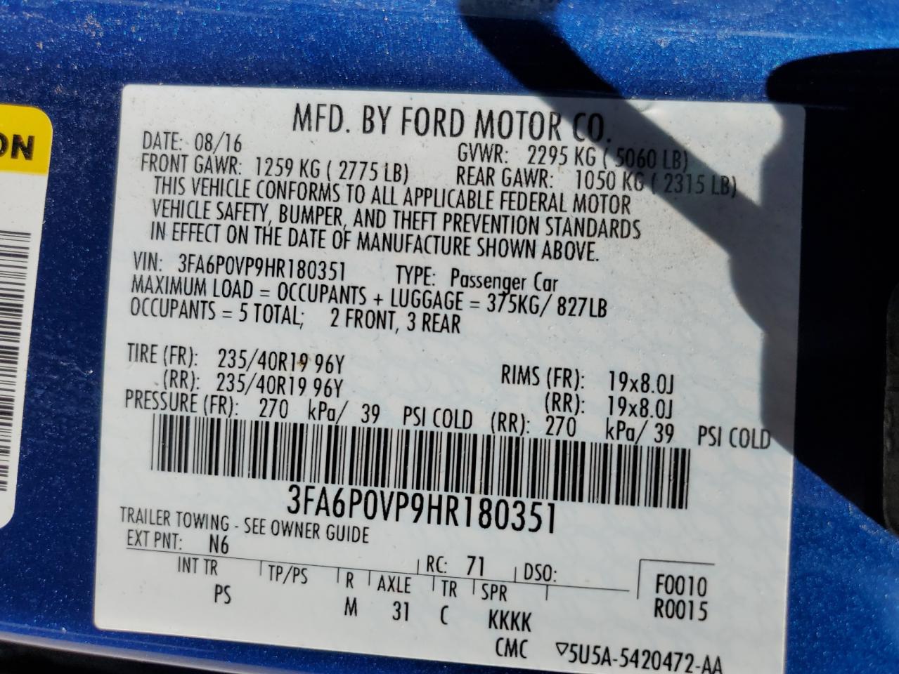 Photo 11 VIN: 3FA6P0VP9HR180351 - FORD FUSION 