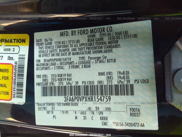 Photo 8 VIN: 3FA6P0VPXHR154759 - FORD FUSION 