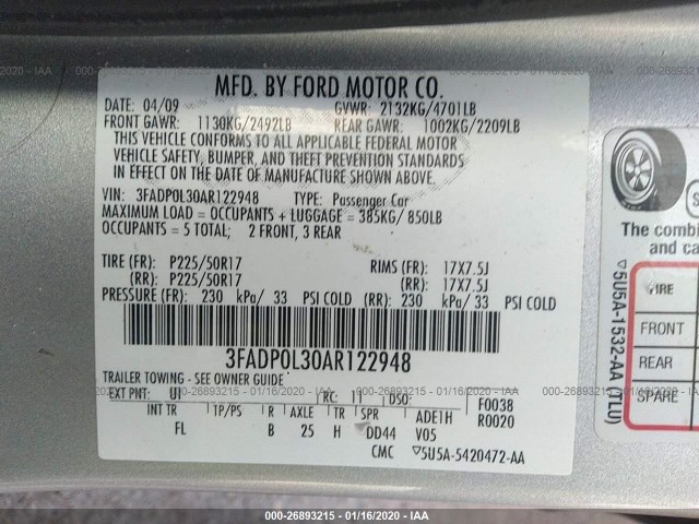 Photo 8 VIN: 3FADP0L30AR122948 - FORD FUSION 