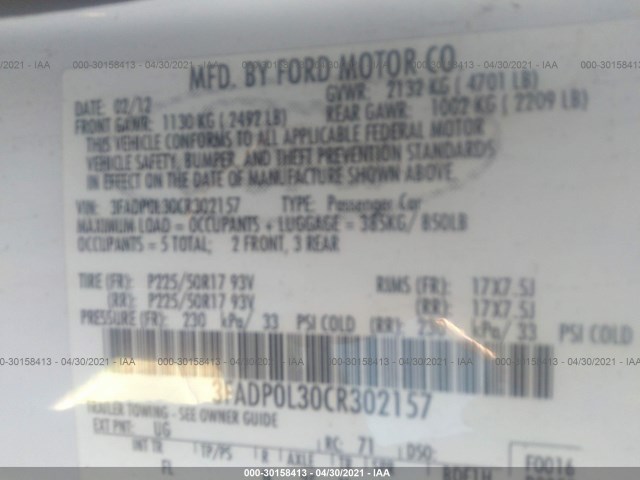 Photo 8 VIN: 3FADP0L30CR302157 - FORD FUSION 