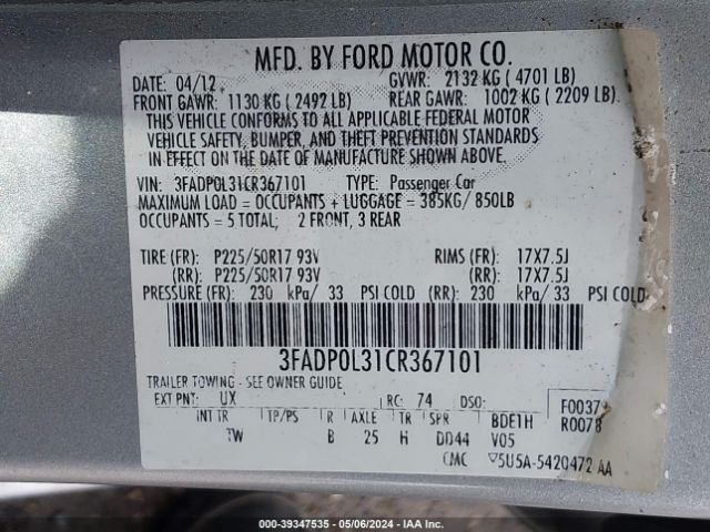 Photo 8 VIN: 3FADP0L31CR367101 - FORD FUSION 