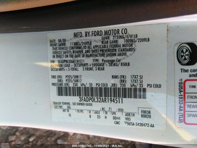 Photo 8 VIN: 3FADP0L32AR194511 - FORD FUSION 