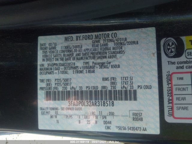 Photo 8 VIN: 3FADP0L32AR318518 - FORD FUSION 