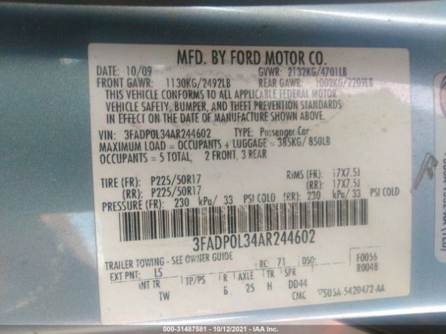 Photo 8 VIN: 3FADP0L34AR244602 - FORD FUSION 