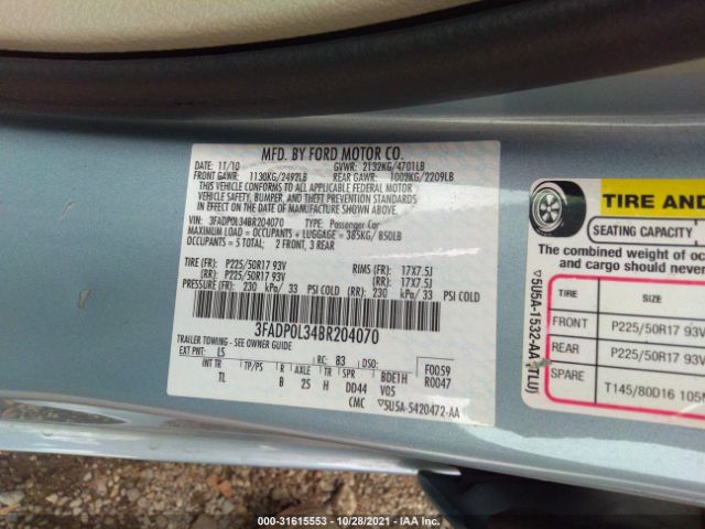 Photo 8 VIN: 3FADP0L34BR204070 - FORD FUSION 