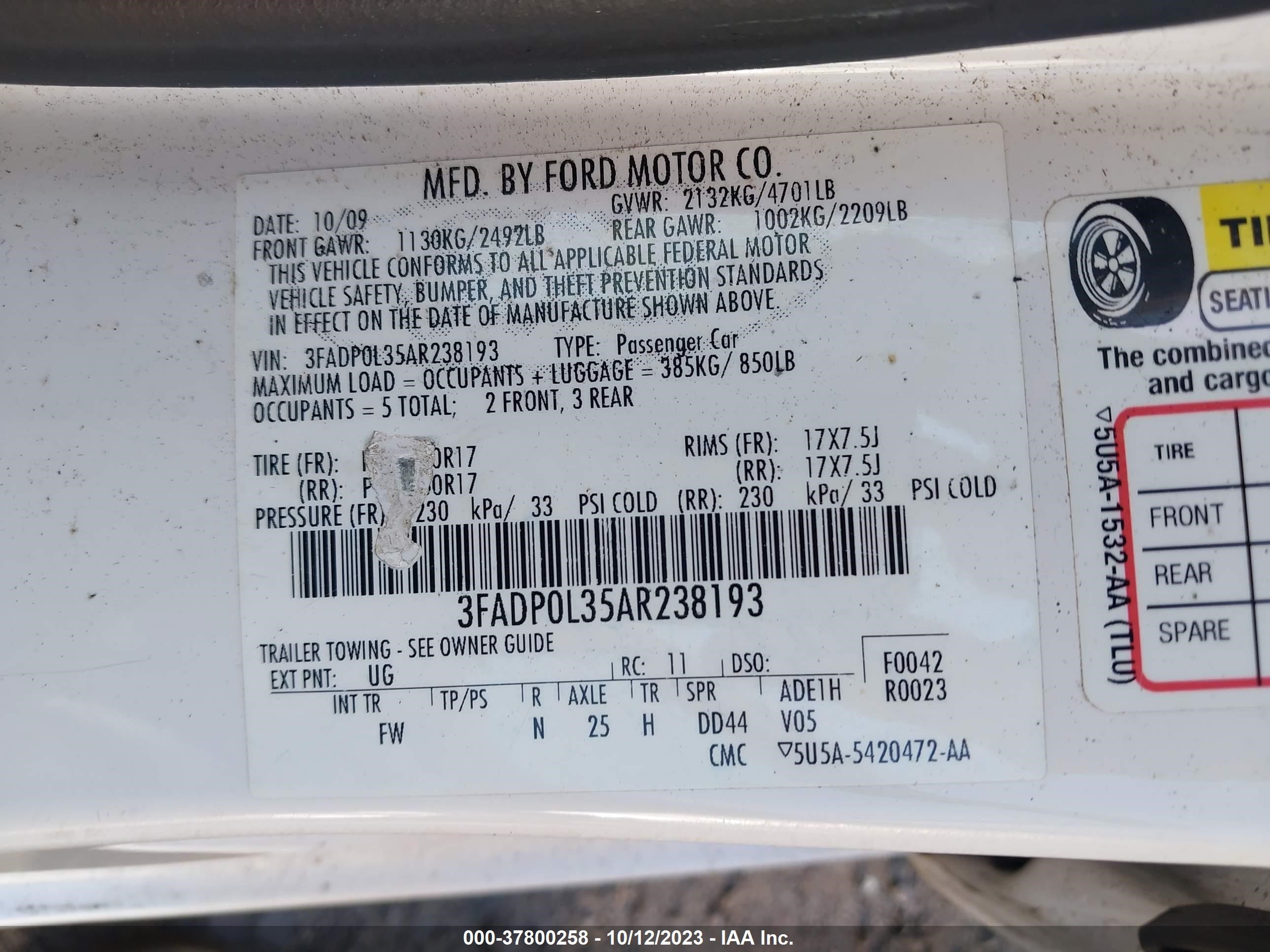 Photo 8 VIN: 3FADP0L35AR238193 - FORD FUSION 