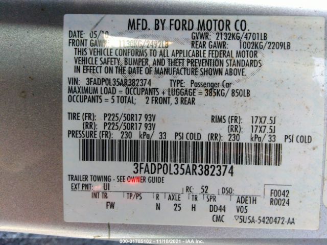 Photo 8 VIN: 3FADP0L35AR382374 - FORD FUSION 