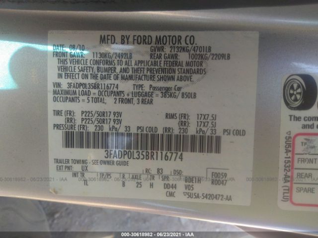 Photo 8 VIN: 3FADP0L35BR116774 - FORD FUSION 