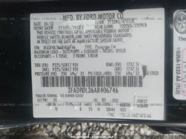 Photo 8 VIN: 3FADP0L36AR406746 - FORD FUSION 