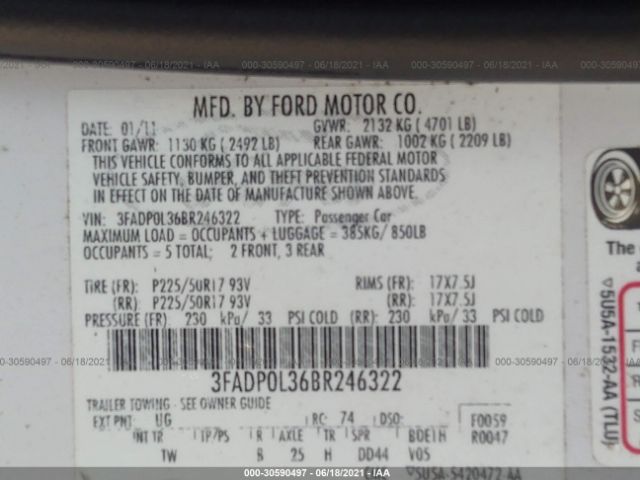 Photo 8 VIN: 3FADP0L36BR246322 - FORD FUSION 