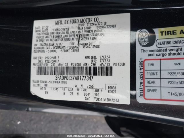 Photo 8 VIN: 3FADP0L37AR177347 - FORD FUSION 