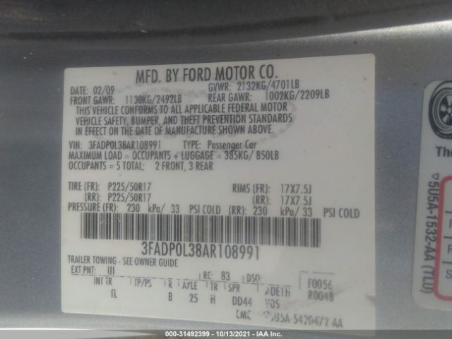 Photo 8 VIN: 3FADP0L38AR108991 - FORD FUSION 